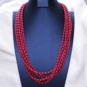 Red Oval Beaded Multi Strand Necklace Six 6